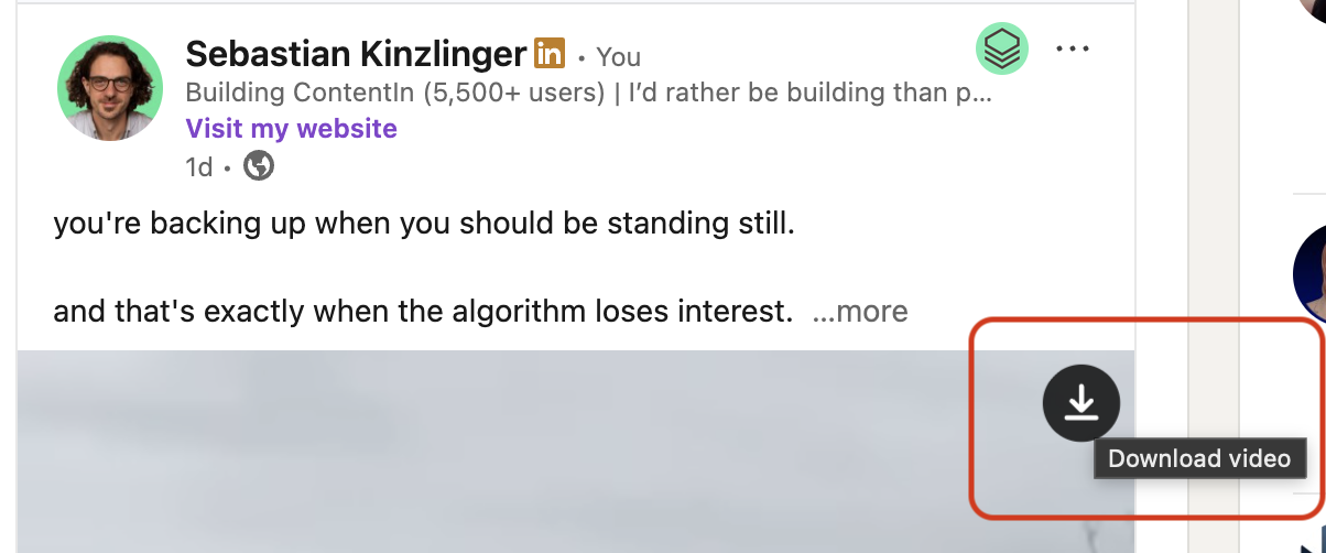 ContentIn Chrome Extension showing a download button directly on LinkedIn videos