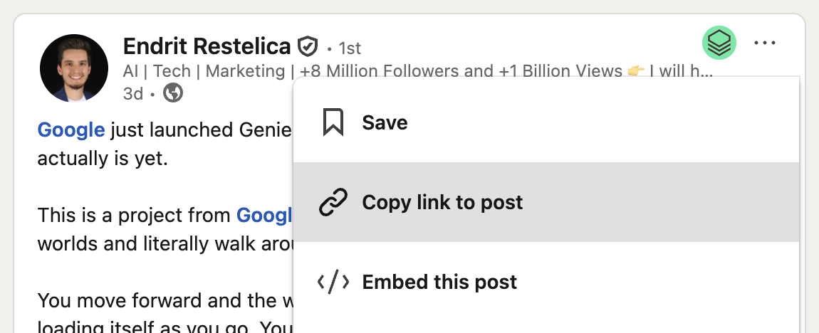 How to copy LinkedIn post URL - Click three dots menu and select Copy link to post